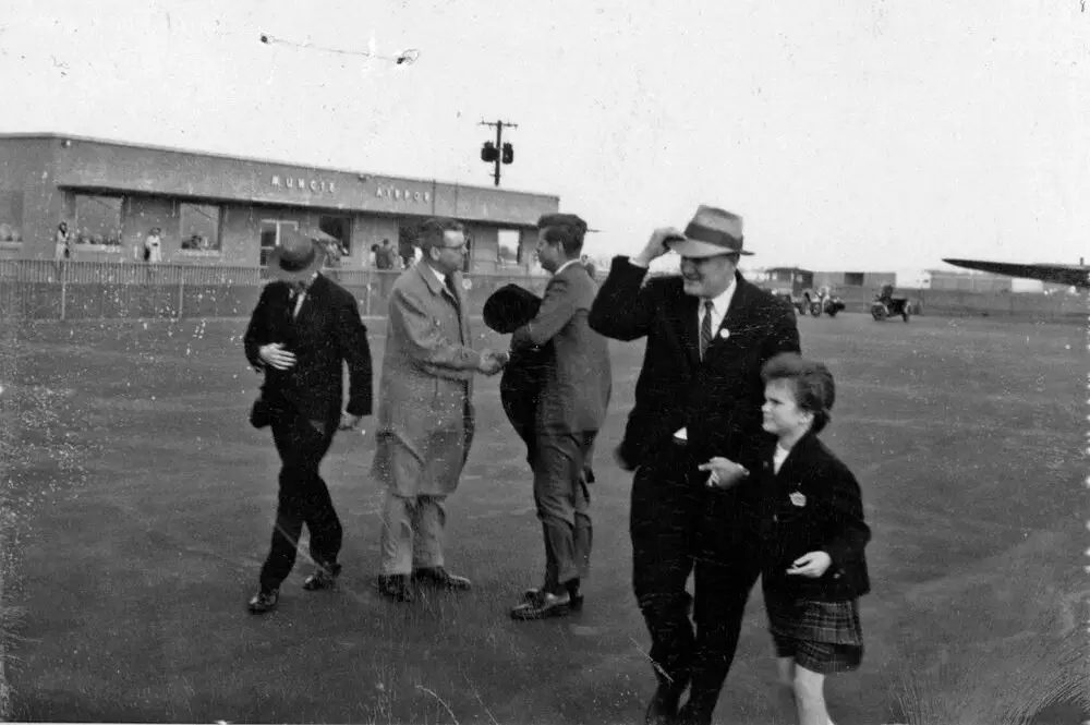 An old photo of President John F. Kennedy at the Muncie Airport in 1960